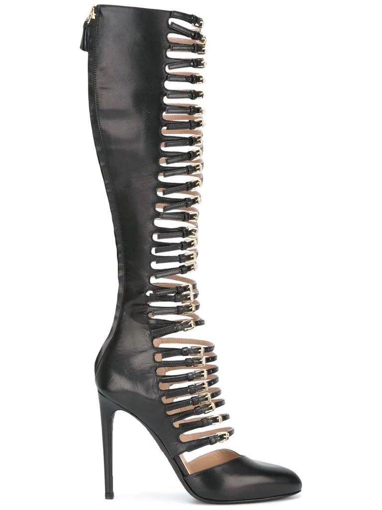 buckled straps knee-high boots