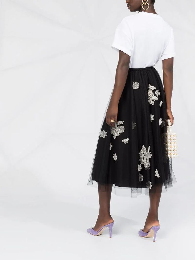 floral-applique tulle layered skirt