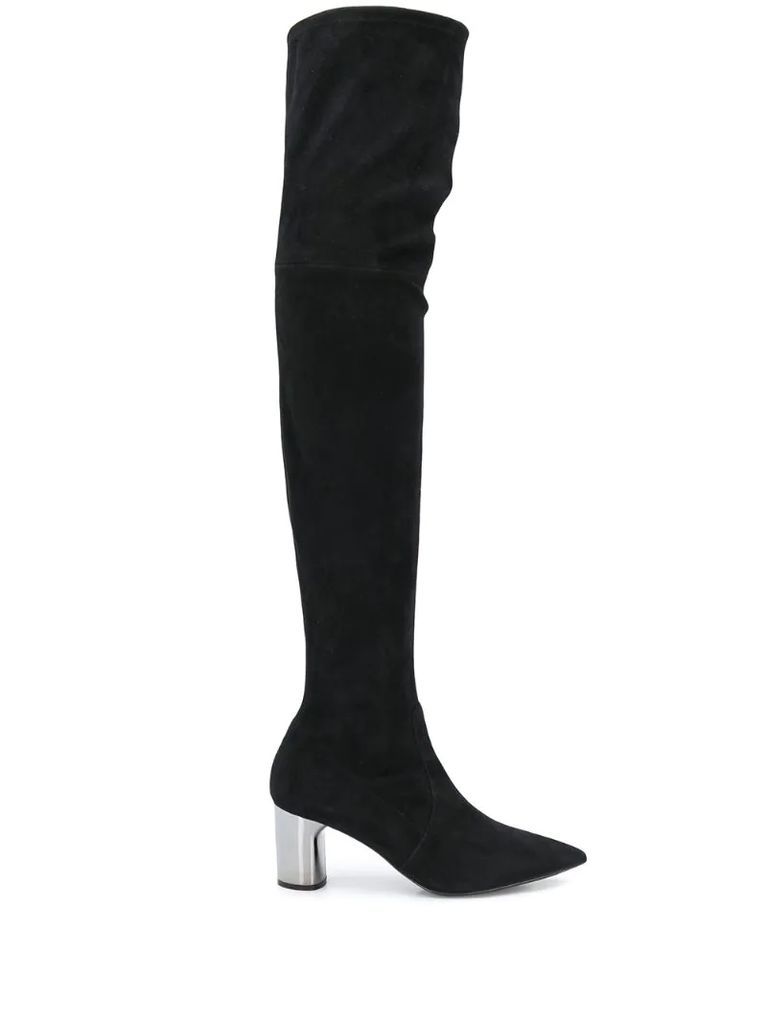 over-the-knee metallic heel boots