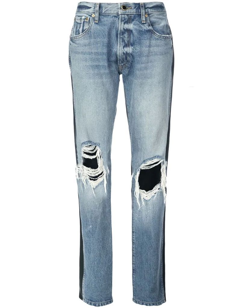 two-tone distressed denim jeans