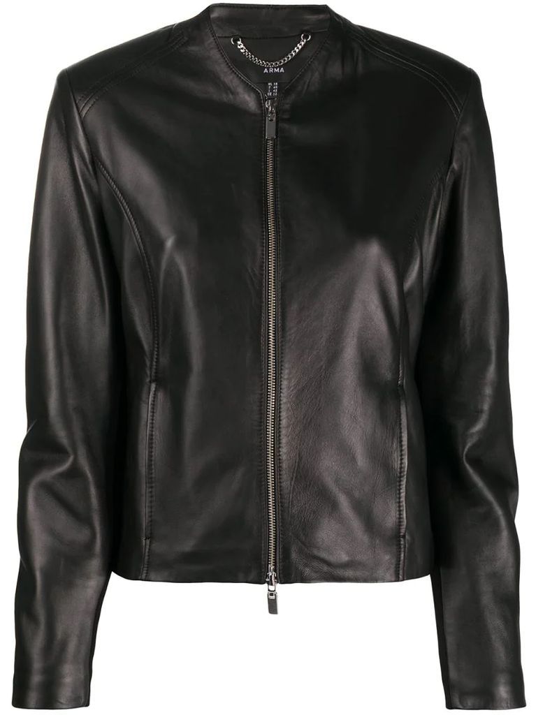 collarless zip-up leather jacket