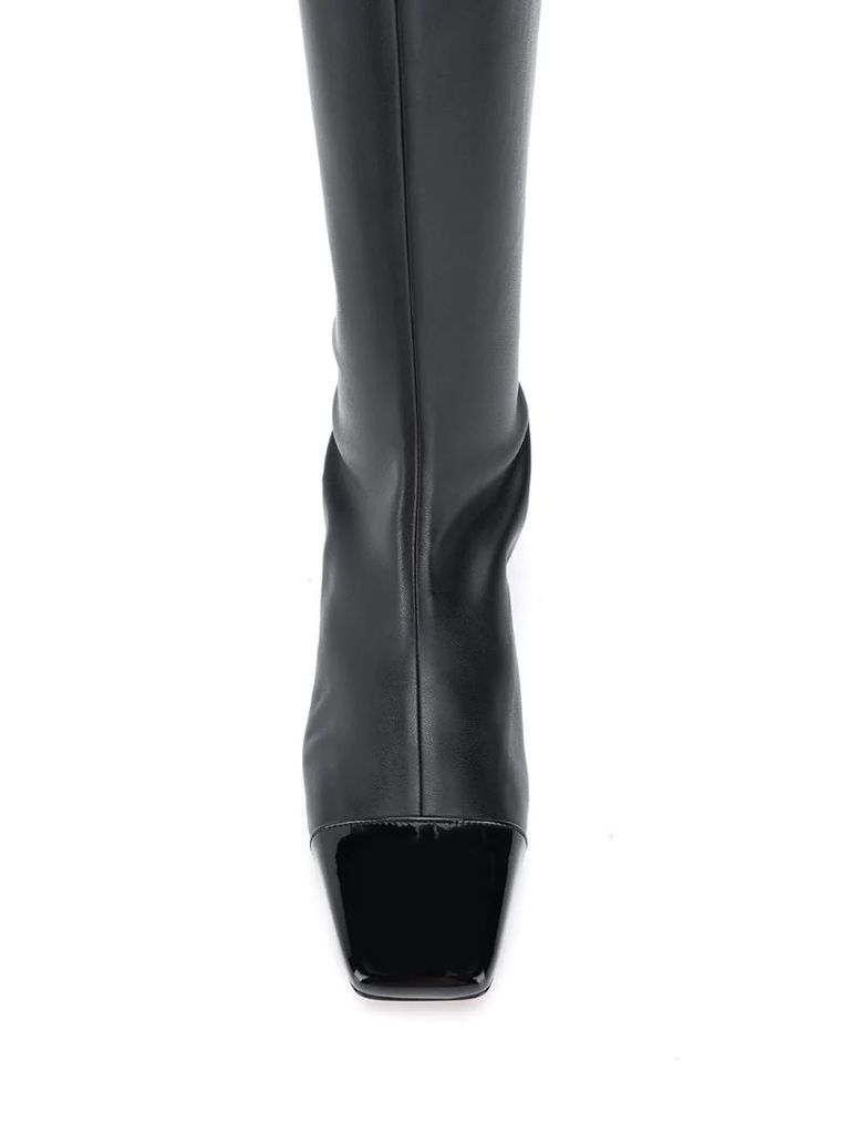 knee-high square-toe leather boots