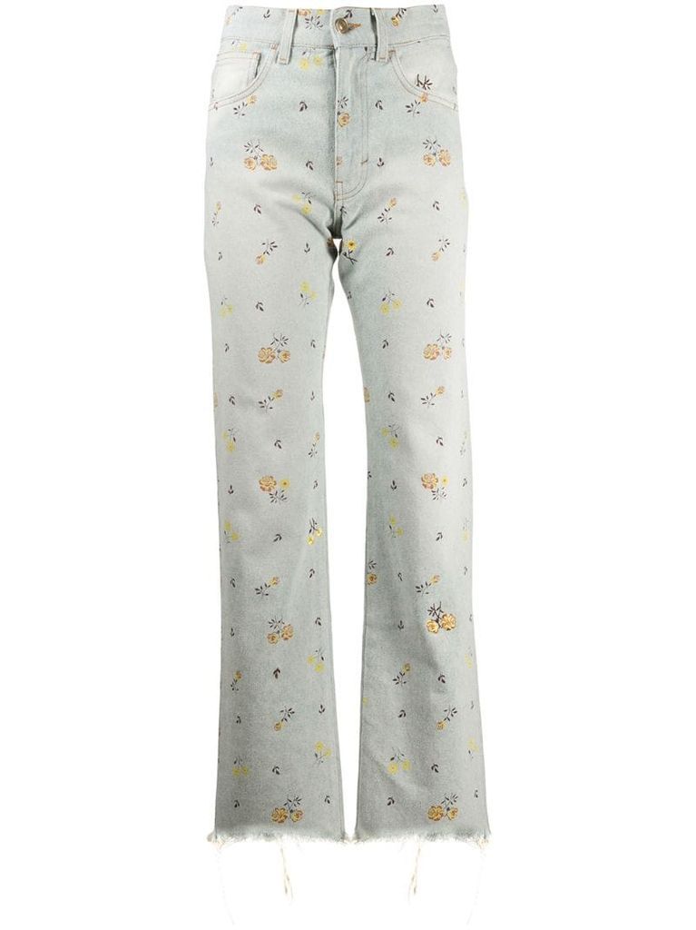 high-waisted floral jeans