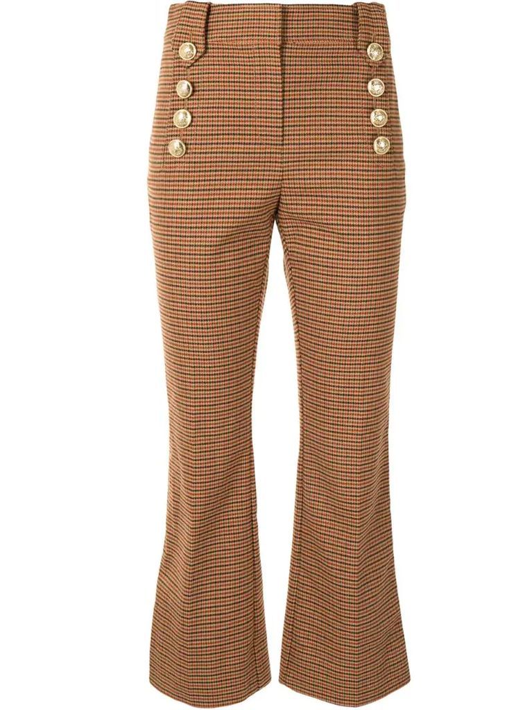 check buttoned kick-flare trousers