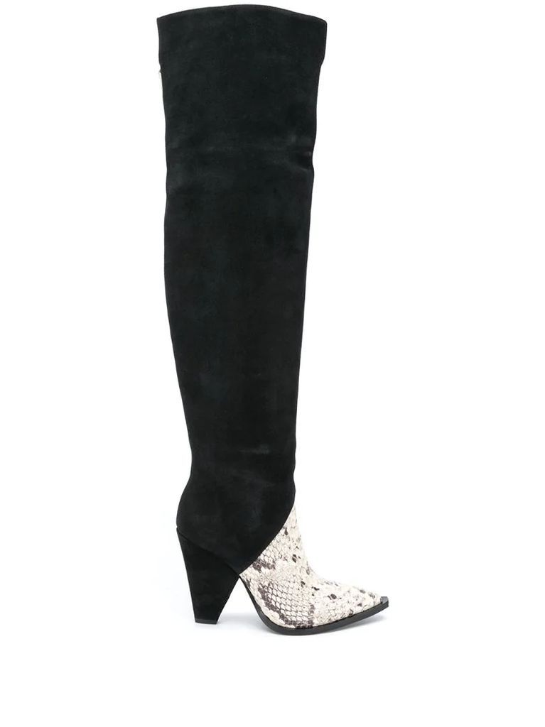 thigh-high snakeskin boots