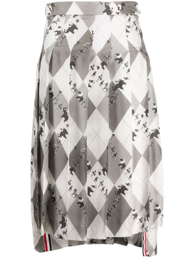 dropped back pleated skirt in classic argyle fun mix animal icon printed silk twill