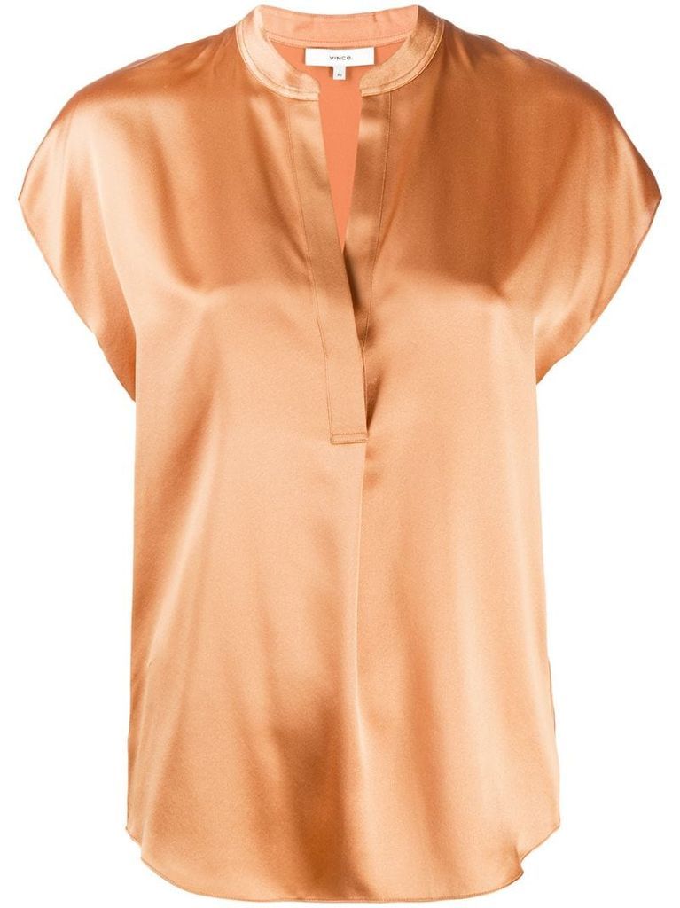 cap-sleeved open neck silk blouse