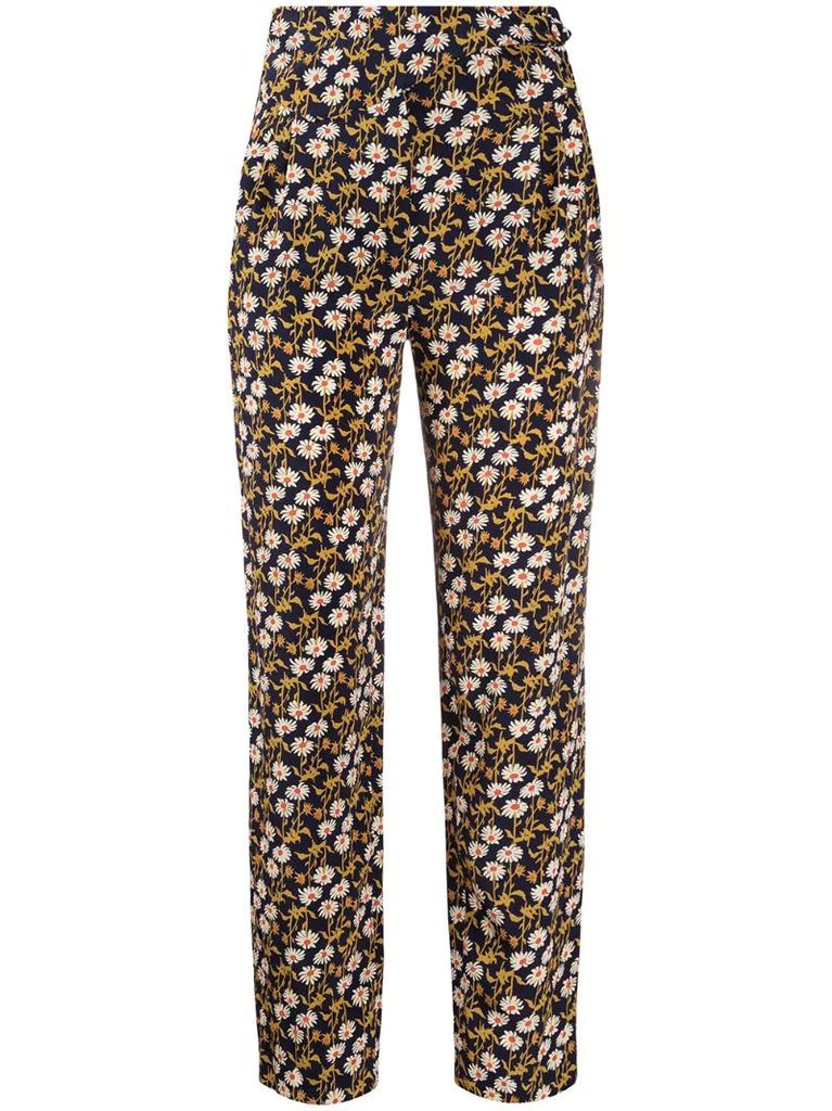 floral-print silk straight trousers
