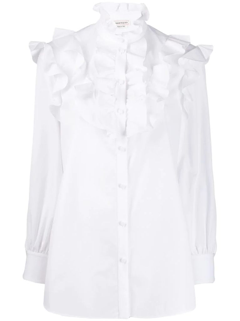 ruffled bib long-sleeved blouse