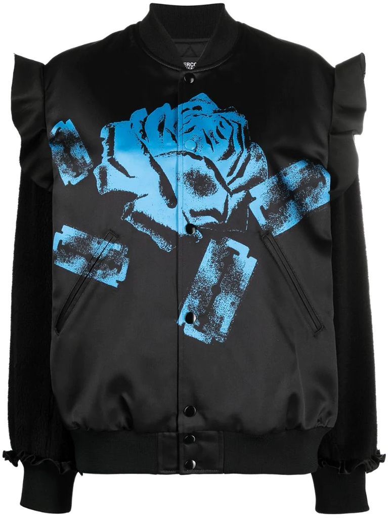 rose-print ruffle bomber jacket