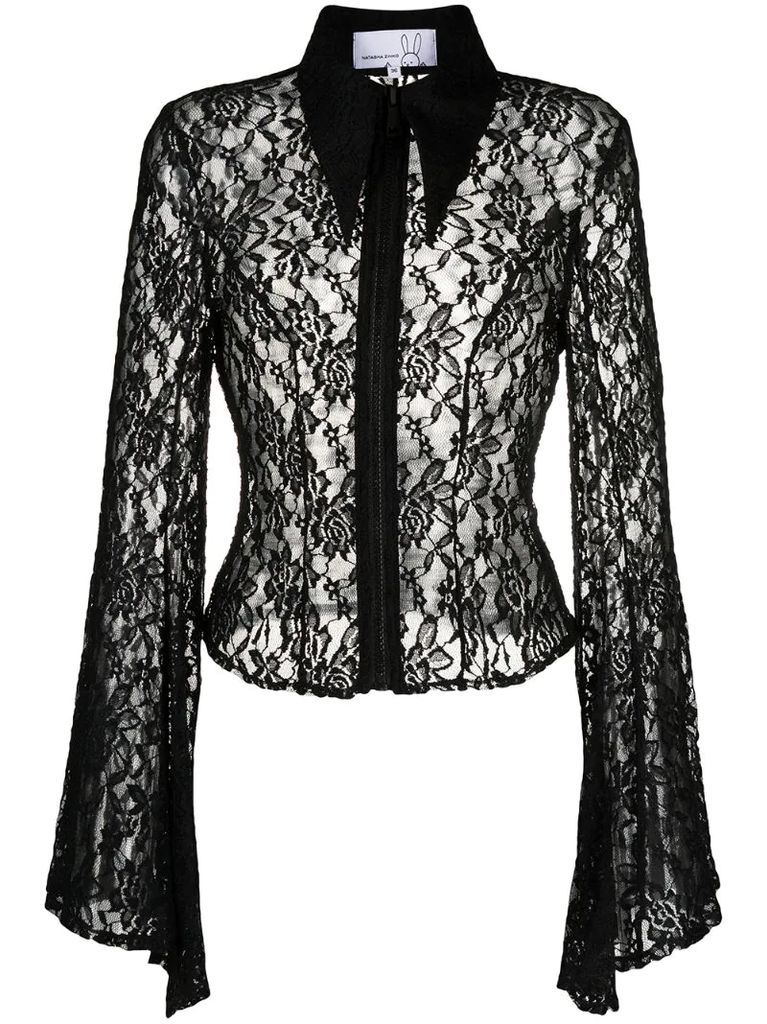 floral-lace pointed collar blouse