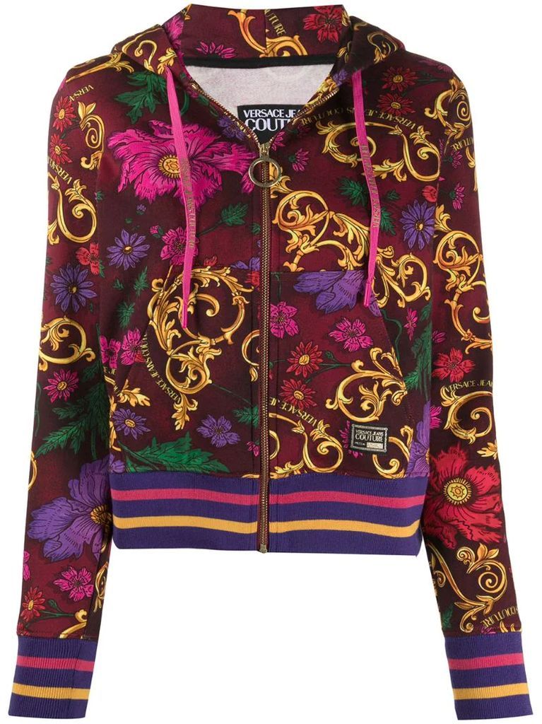 baroque-print zipped hoodie