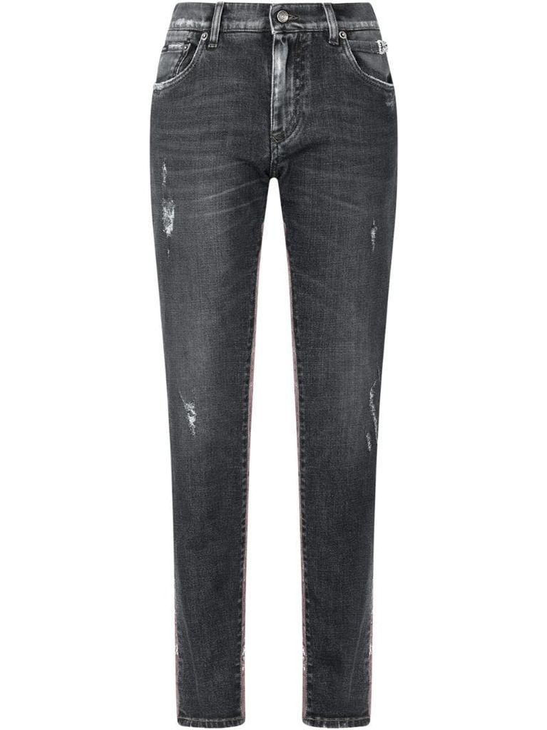 high-rise lace-panelled straight-leg jeans