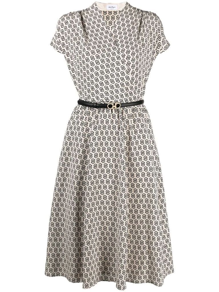 Double Gancini-print belted dress