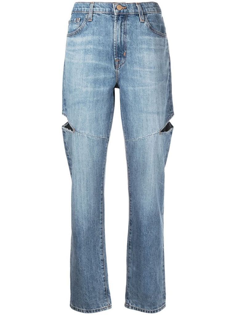 mid-rise straight-leg ripped jeans