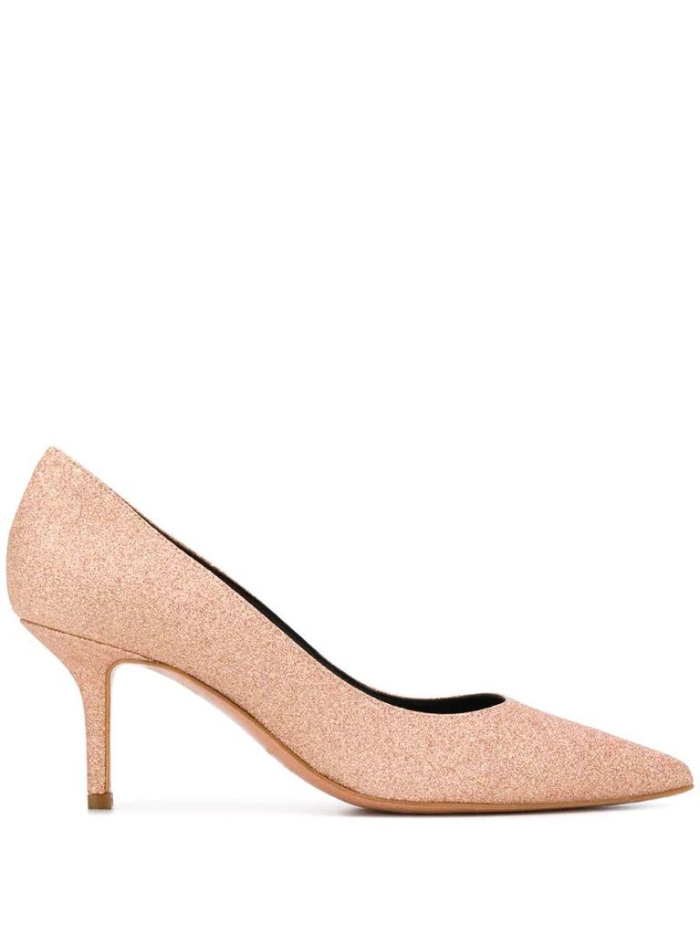 glitter-covered mid-high pumps