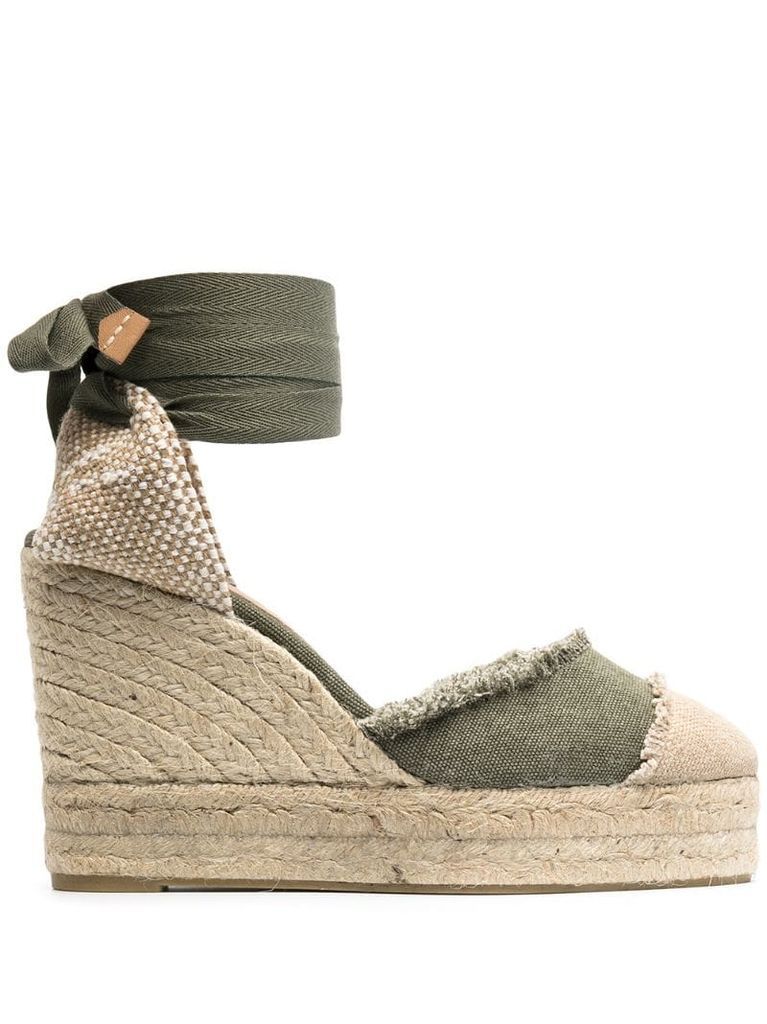 open toe wedge-heeled espadrille with ankle ties