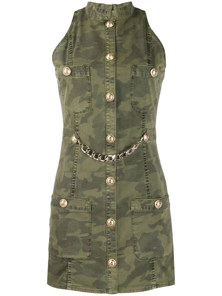sleeveless camouflage print denim dress