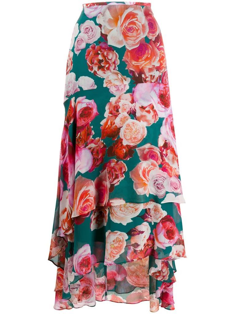 long tiered floral print skirt