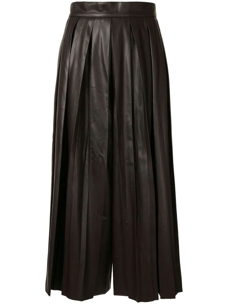 faux leather pleated wide-leg trousers