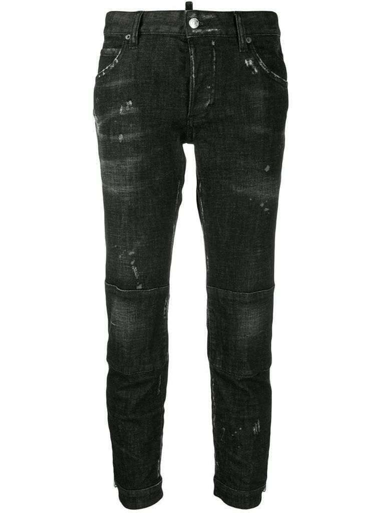 low rise scuffed skinny jeans