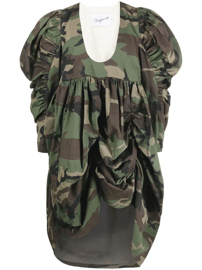 camouflage-print ruched dress