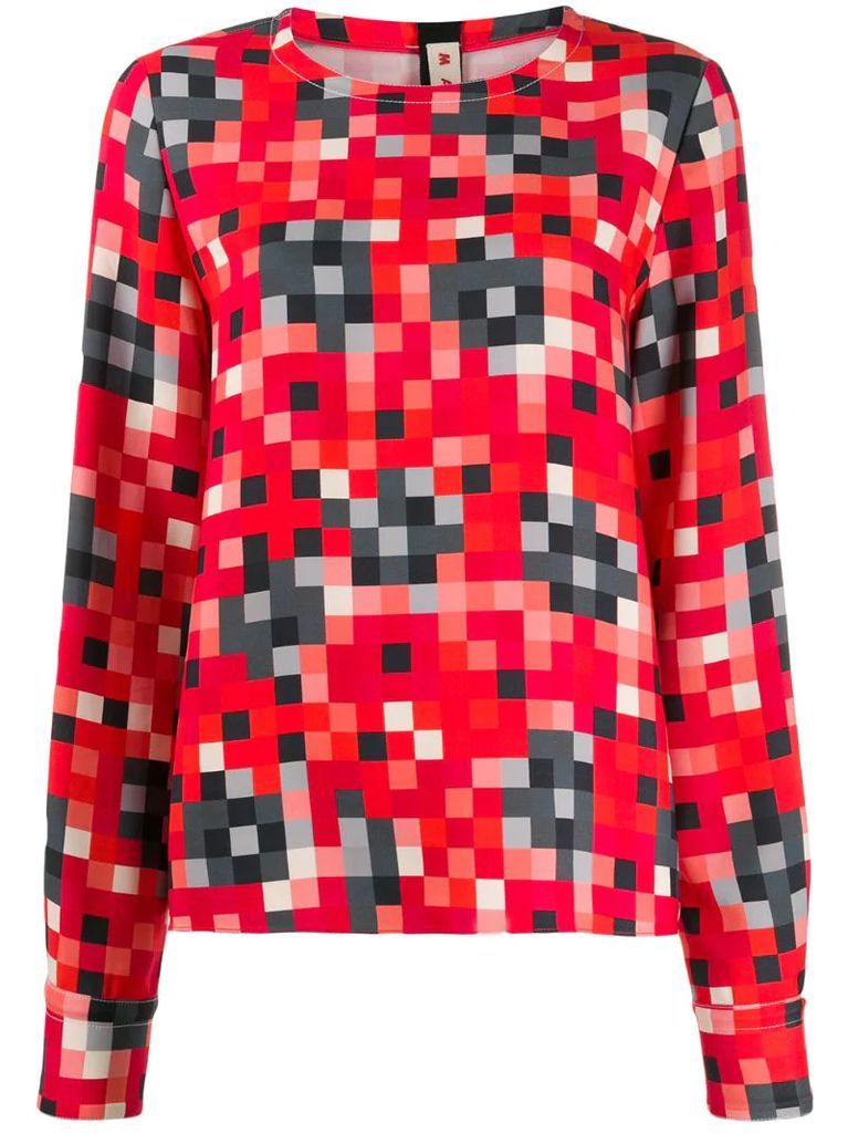 pixel-print long-sleeve blouse