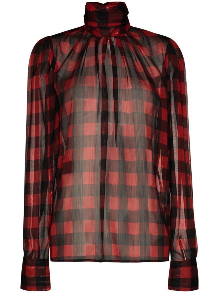 checked high neck blouse