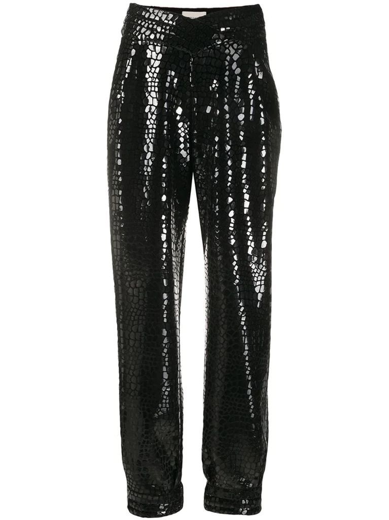 crocodile-effect tapered trousers