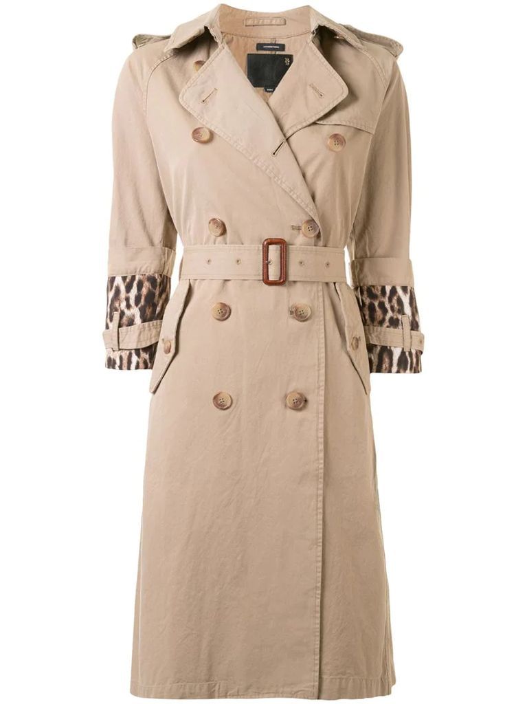 animal print sleeve belted trench coat