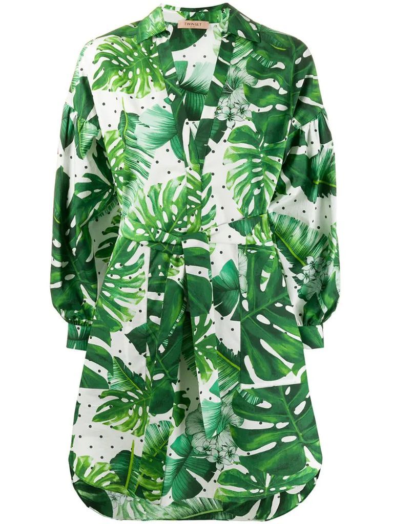 leaf print cotton shirt dress