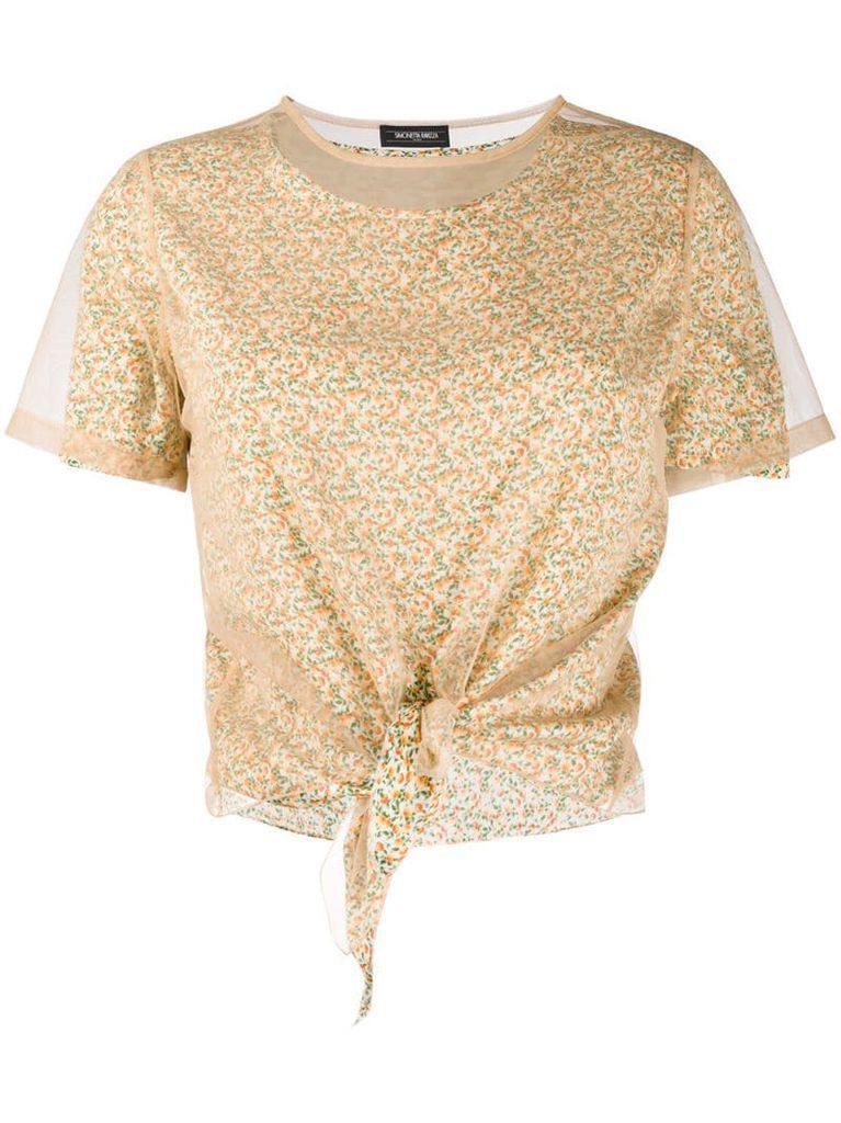 mesh-panelled floral-print T-shirt