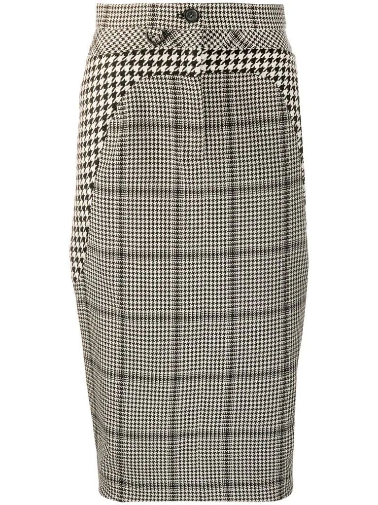 button check-print pencil skirt
