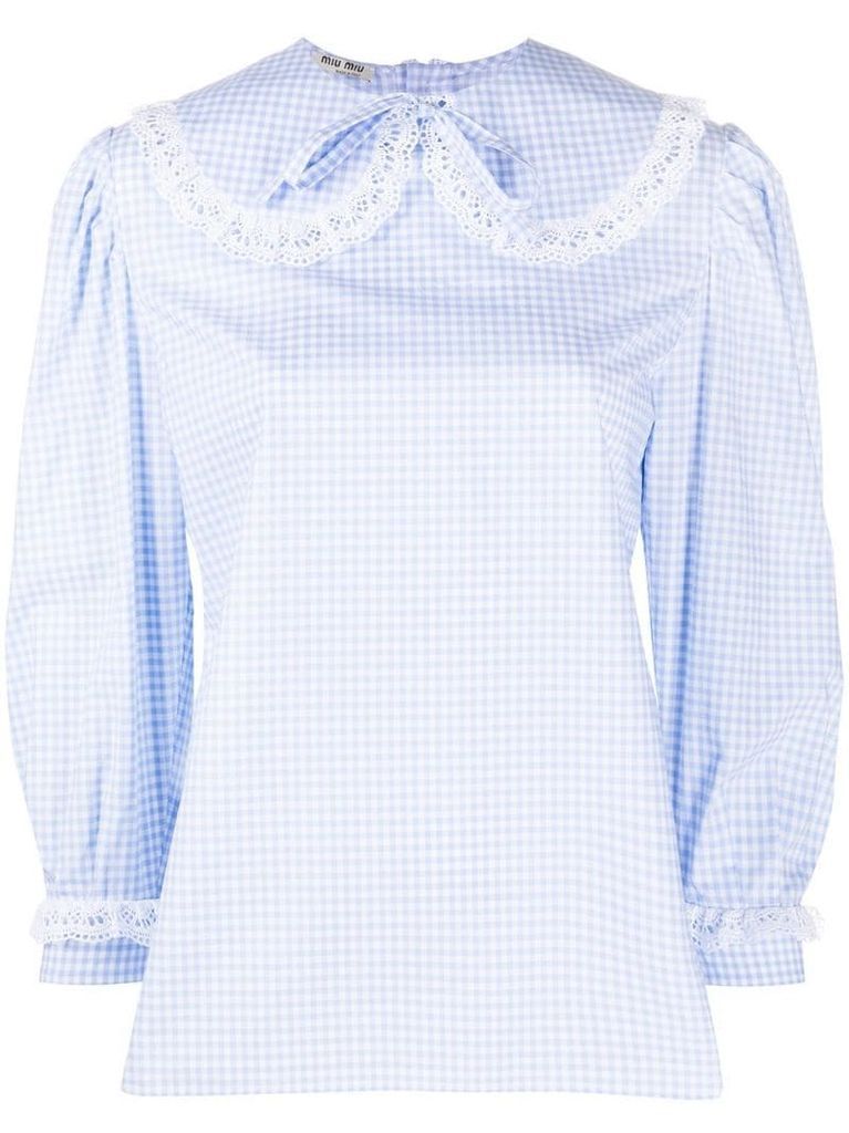lace-embellished gingham blouse
