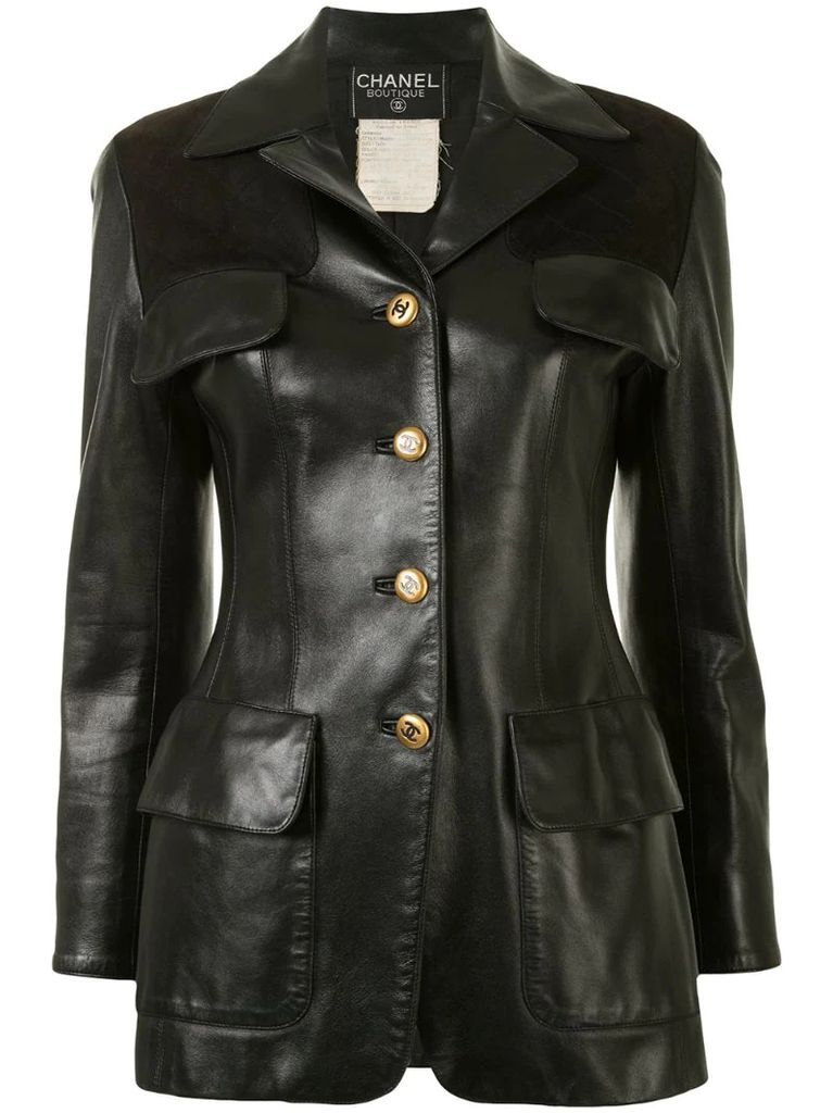 CC long sleeve single-breasted leather jacket