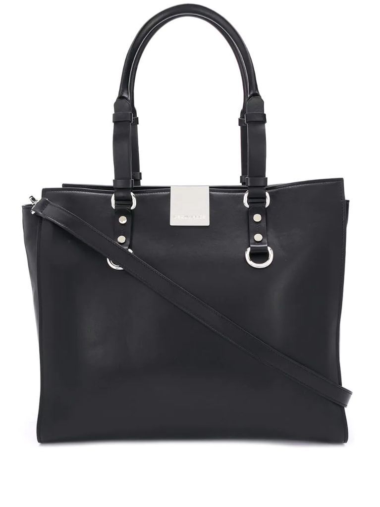 calf leather metal plaque tote