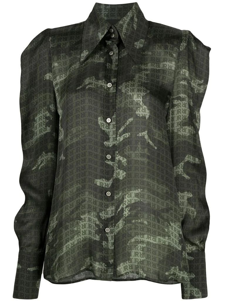 draped sleeve camouflage print shirt