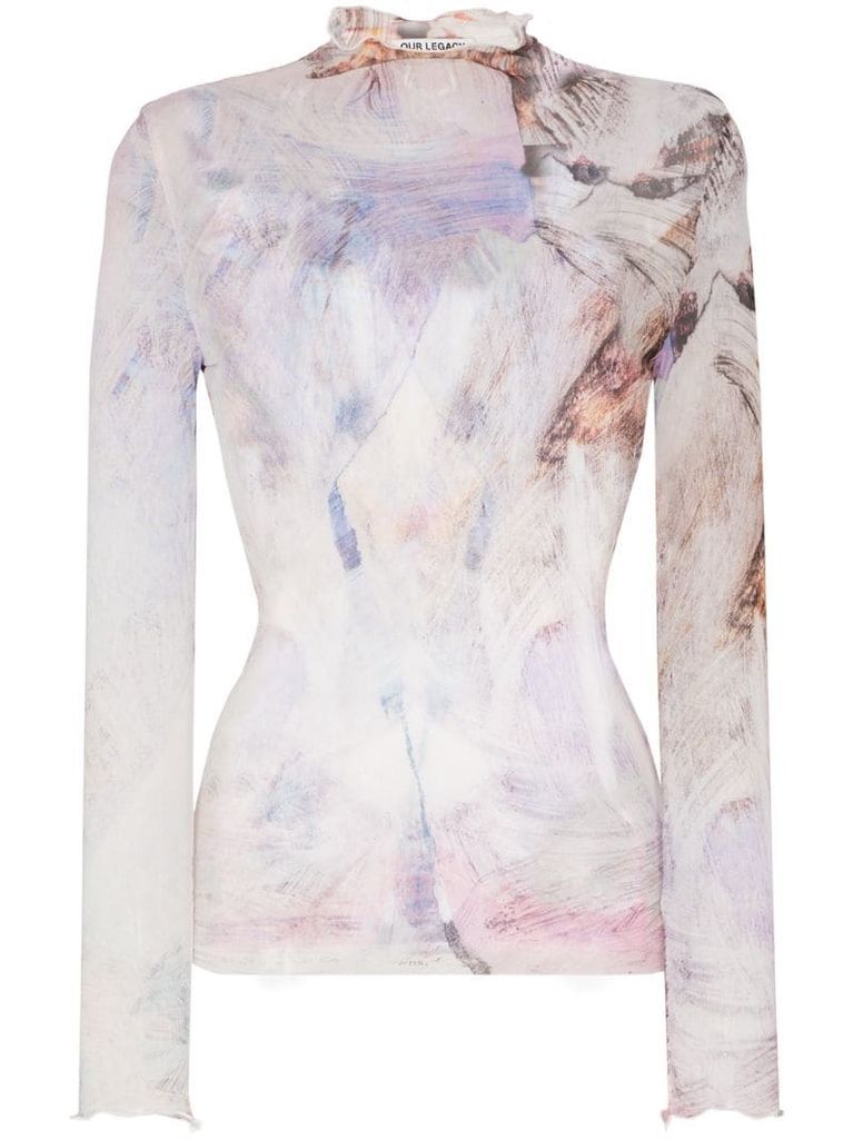 marbled print long-sleeve blouse