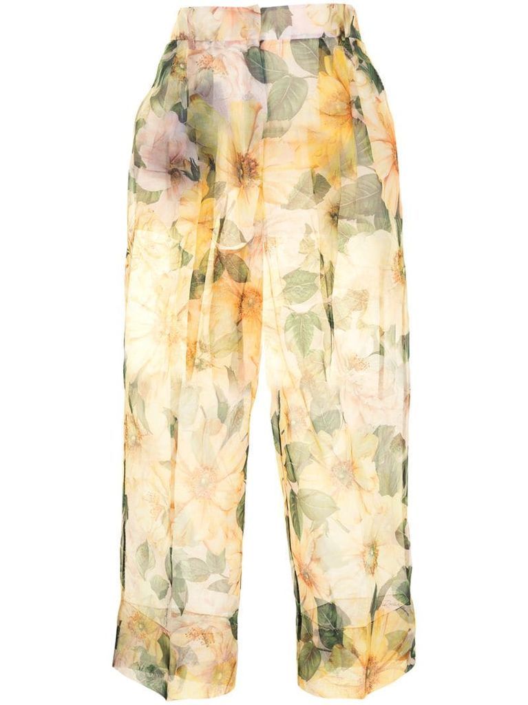 floral-print sheer trousers
