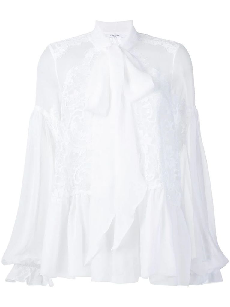 lace-embroidered flared blouse