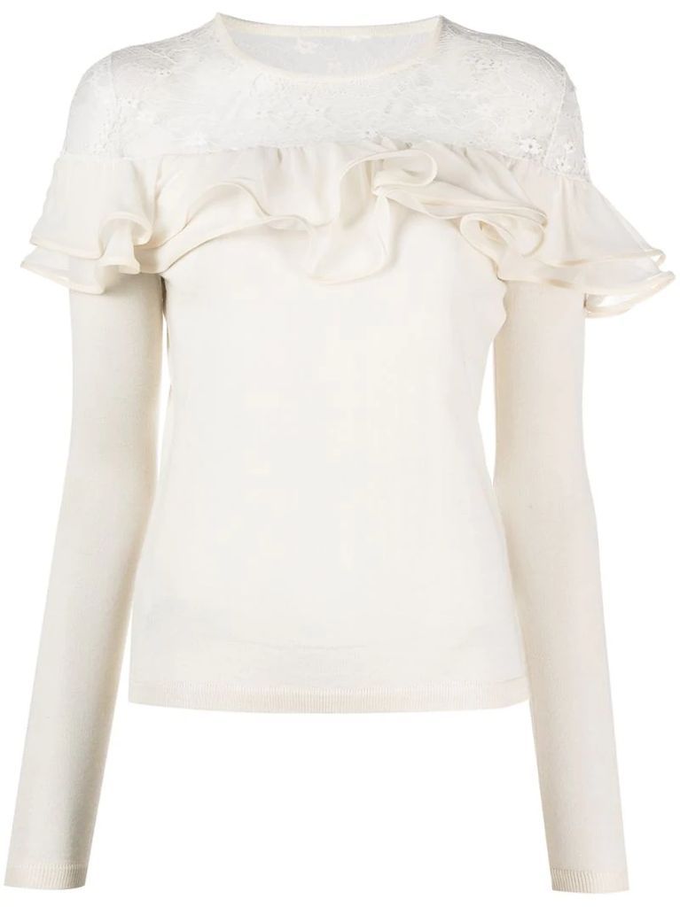 lace-panel frilled knitted top