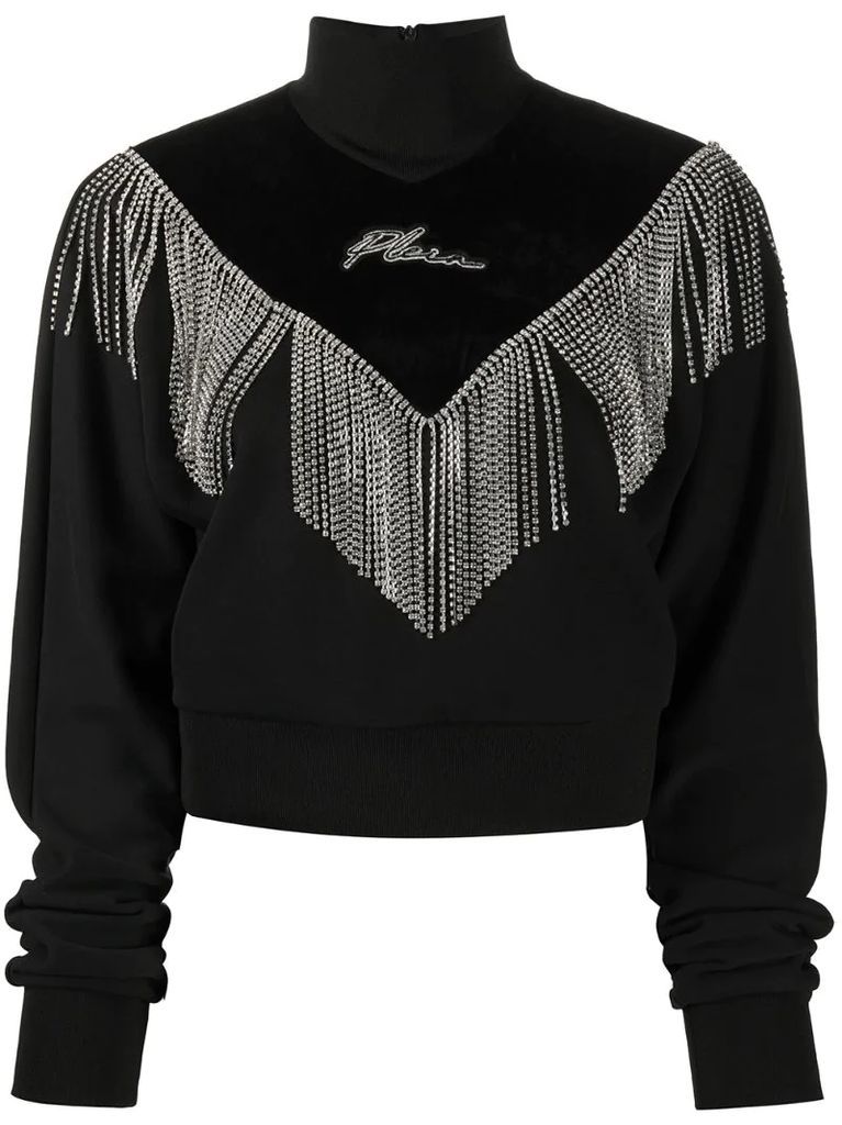 crystal-fringed high neck sweatshirt