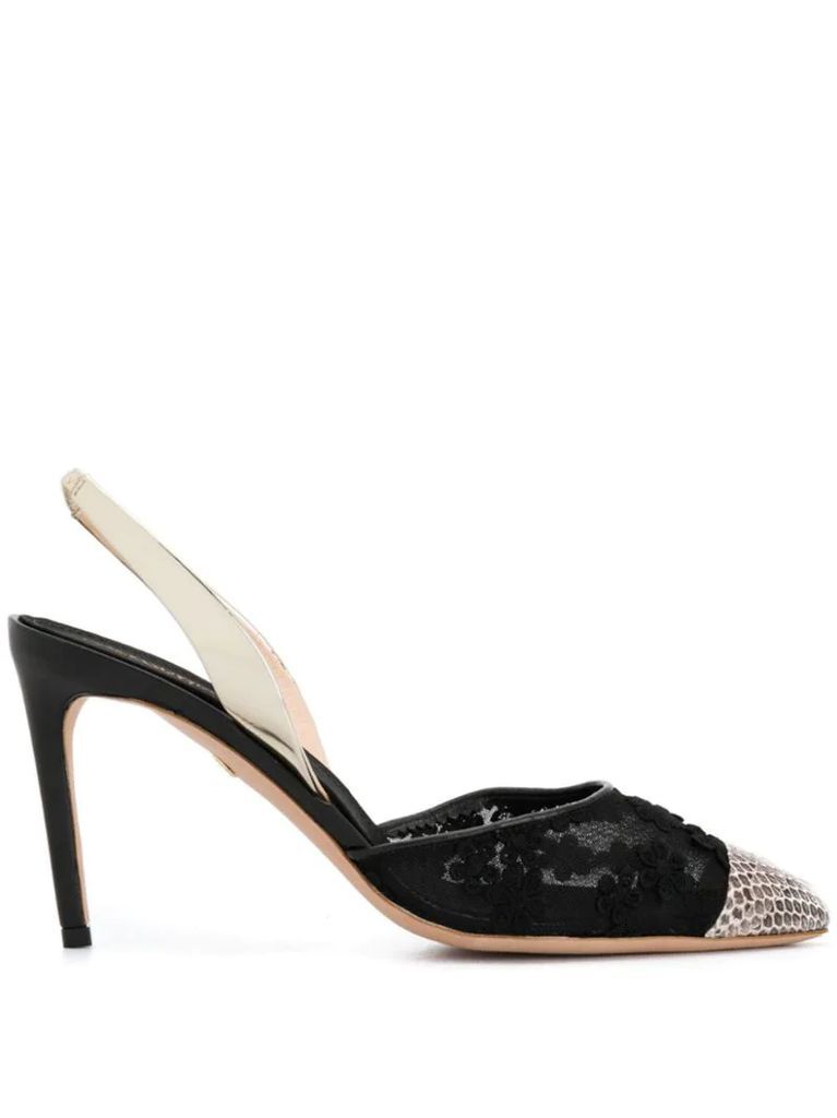 snake and lace slingback pumps