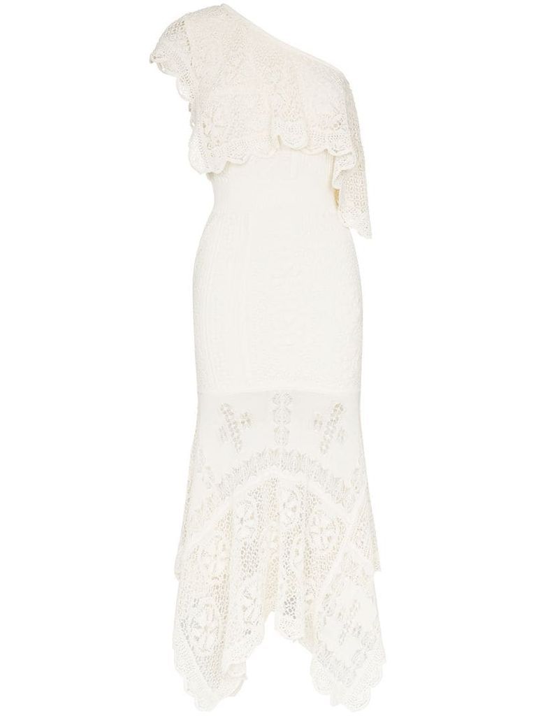 one-shoulder lace midi dress