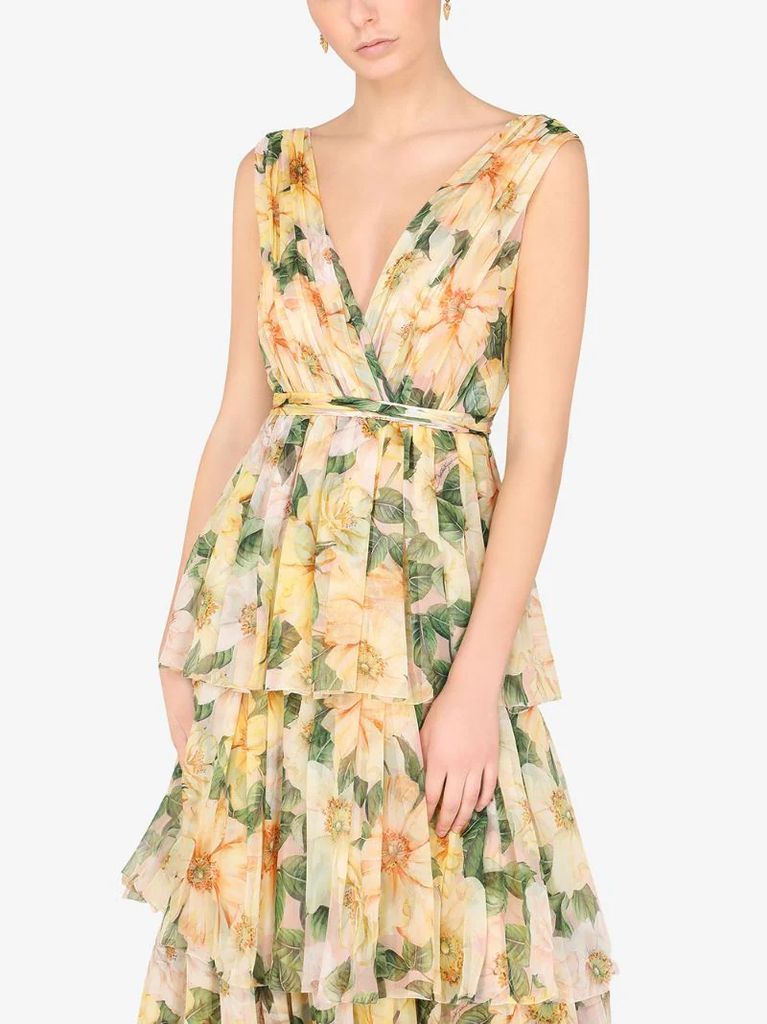 camellia-print empire line dress