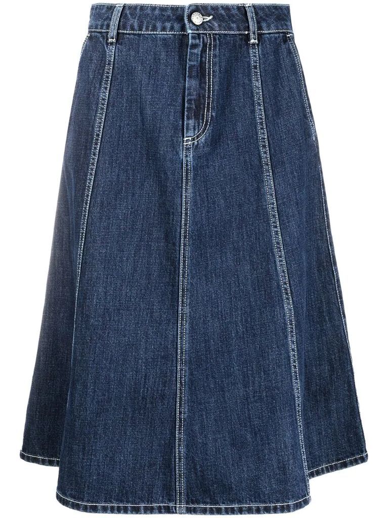 panelled A-line denim skirt