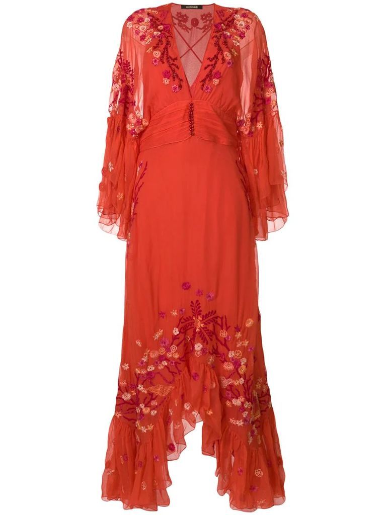 floral embroidered frill trim maxi dress