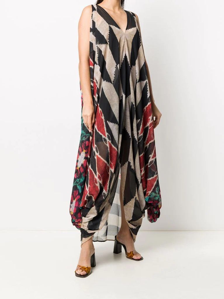 draped multi-pattern maxi dress