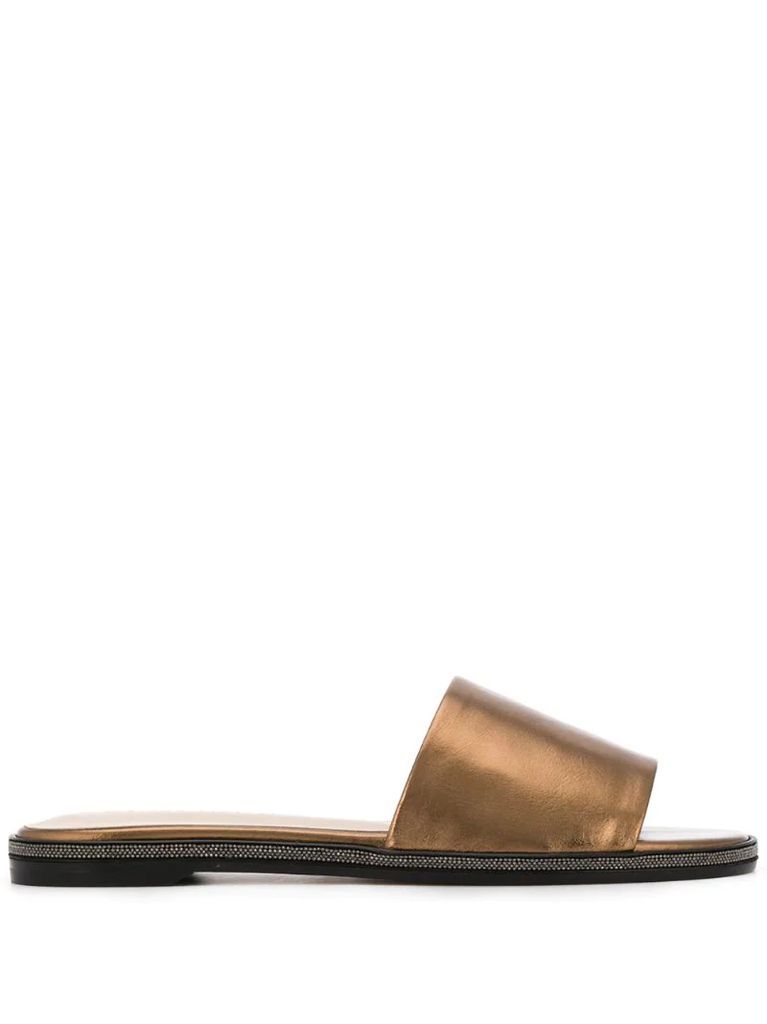 metallic open-toe slides