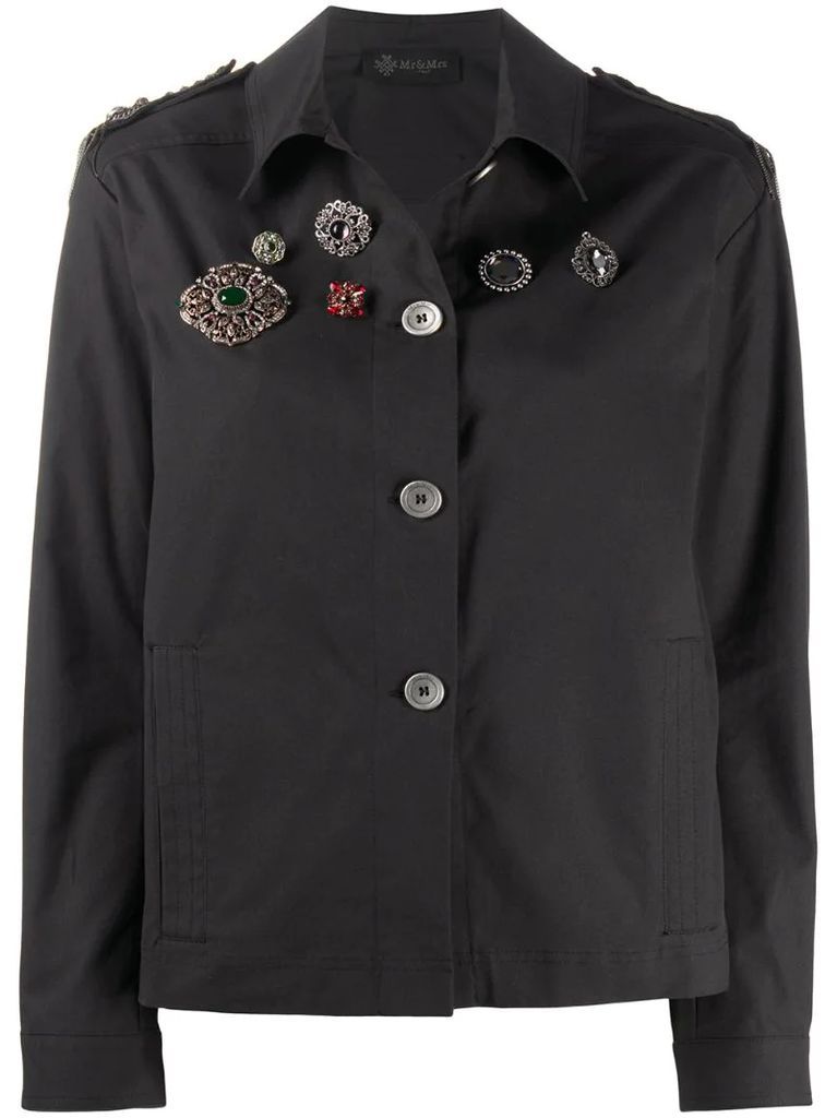 brooch embellished logo patch jacket